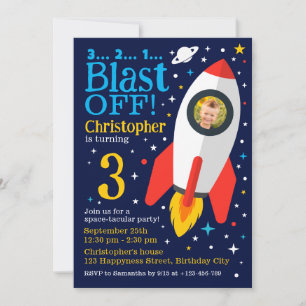 Blast Off Space Thema Kids Verjaardagsfeestfoto Kaart