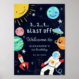 Blast off Space Theme Birthday Welkomstteken Poster