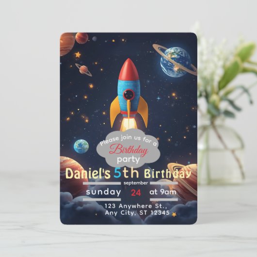Blast Off Space verjaardagsfeestje uitnodiging | G (Staand voorkant)