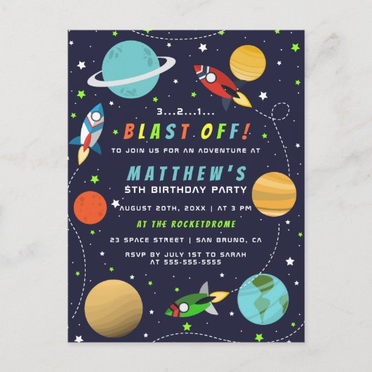 Blast Off! Verjaardagsfeestje met Ruimteschip in d Uitnodiging Briefkaart (Voorkant)