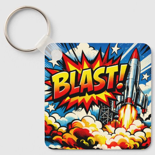 BLAST! Retro Pop Art Raketexplosie Sleutelhanger (Voorkant)