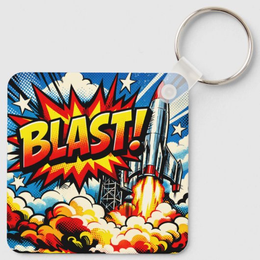 BLAST! Retro Pop Art Rocket Explosion Sleutelhanger (Achterkant)