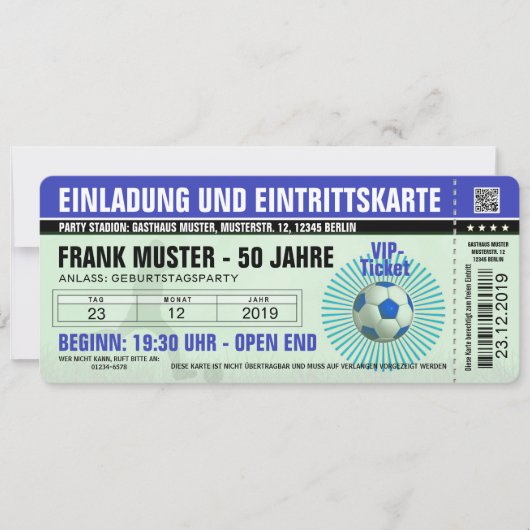 blaue Einladung und Eintrittskarte (Fußballticket) Kaart (Voorkant)