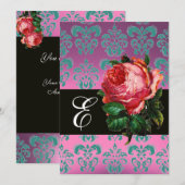 BLAUTIEF PINK ROSE LILA BLAUWE DAMASKMONOGRAM KAART (Voorkant / Achterkant)