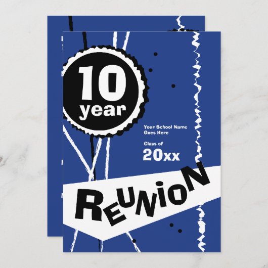 blauw 10 jaar Uitnodiging voor reünie (Voorkant / Achterkant)