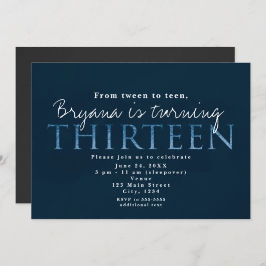 Blauw 13e 13 verjaardagsfeest uitnodiging (Voorkant / Achterkant)