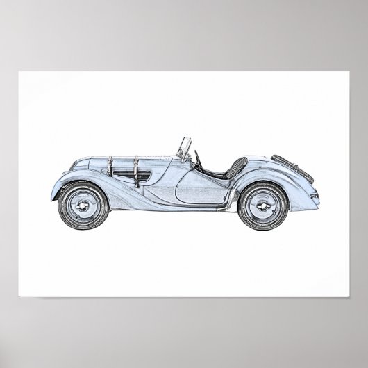  blauw 1936 BMW 328 potlood Stijltekening Poster (Voorkant)