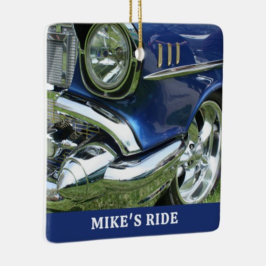 Blauw 1957 Chevy, naam of bericht, uw foto Keramisch Ornament (Rechts)