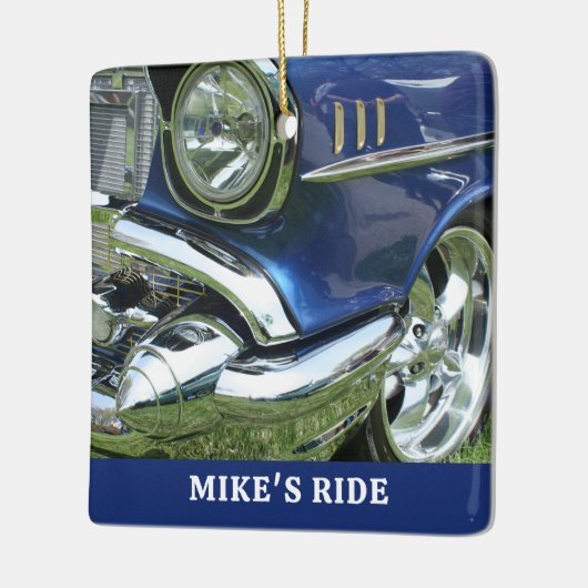 Blauw 1957 Chevy, naam of bericht, uw foto Keramisch Ornament (Links)