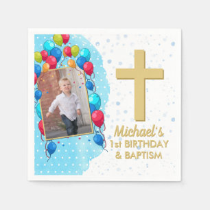 Blauw 1-jaars Baptisme Gold Text Fotocross Servet