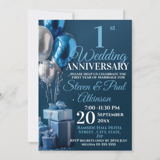 Blauw 1e bruiloft Jubileum Balloon Gifts Kaart (Voorkant)