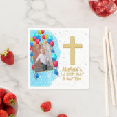 Blauw 1e Verjaardag Doop Gouden Tekst Foto Kruis Servet (Insitu)