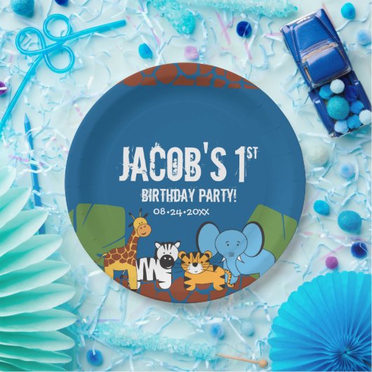 Blauw 1e Verjaardag Oerwoud Safari thema Papieren Bordje (Feest)