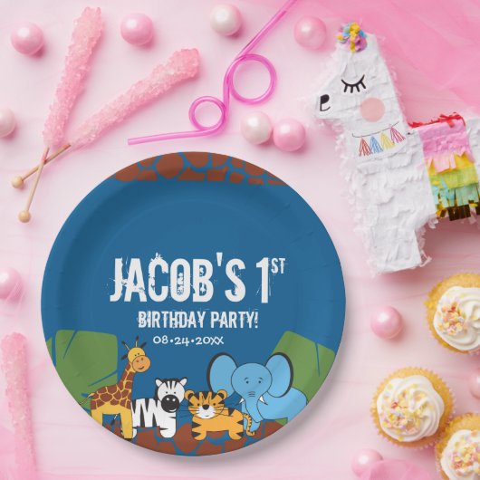 Blauw 1e Verjaardag Oerwoud Safari thema Papieren Bordje (Feest)