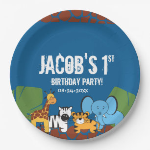 Blauw 1e Verjaardag Oerwoud Safari thema Papieren Bordje