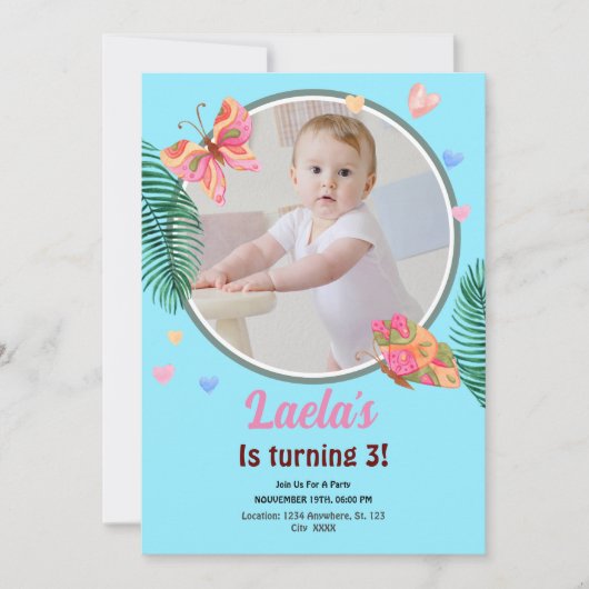 Blauw 1e Verjaardag Vlinder Uitnodiging met Foto (Voorkant)