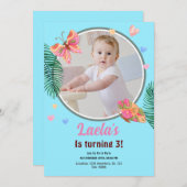 Blauw 1e Verjaardag Vlinder Uitnodiging met Foto (Voorkant / Achterkant)