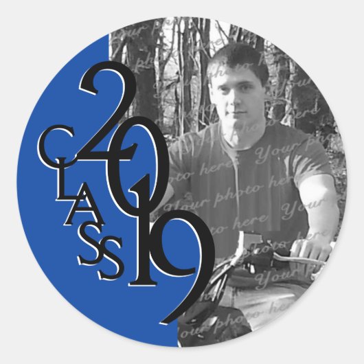 Blauw 2019 Afstuderen Klasse met Foto Ronde Sticker (Voorkant)