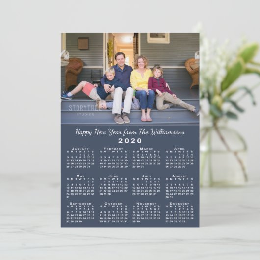 Blauw 2020 Kalender 2 Aangepaste Foto's Gelukkig N Feestdagenkaart (Staand voorkant)