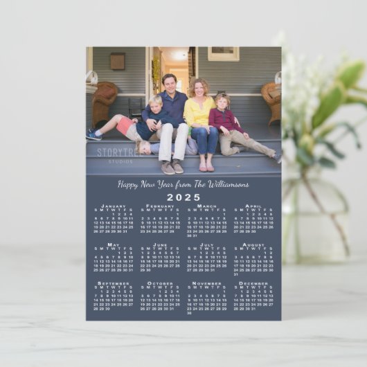 Blauw 2025 Kalender 2 Aangepaste Foto's Gelukkig N Feestdagenkaart (Staand voorkant)