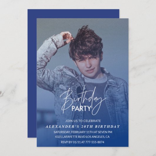 Blauw 20e verjaardag uitnodiging Verjaardagsfeest (Voorkant / Achterkant)