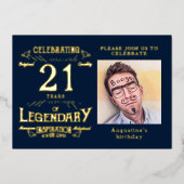 Blauw 21e Verjaardag Vintage Goud Folie Uitnodiging (Voorkant)