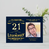Blauw 21e Verjaardag Vintage Goud Folie Uitnodiging (Staand Voorkant)