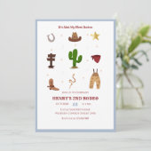 Blauw 2e Rodeo Cowboy Kids Verjaardagsuitnodiging Kaart (Staand voorkant)