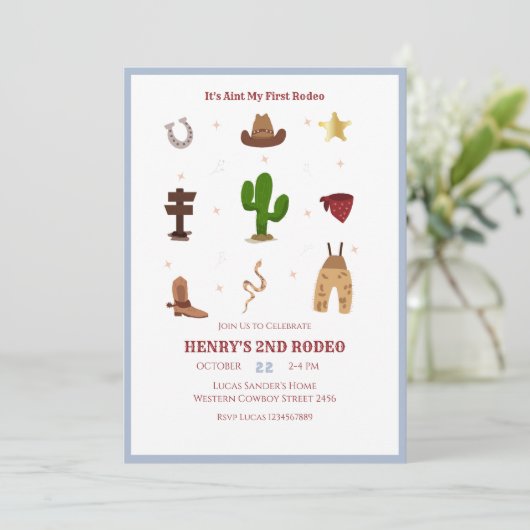 Blauw 2e Rodeo Cowboy Kids Verjaardagsuitnodiging Kaart (Staand voorkant)