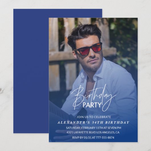 Blauw 34e verjaardag uitnodiging Verjaardagsfeest (Voorkant / Achterkant)