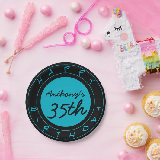 Blauw 35e verjaardagsfeest gepersonaliseerde papie papieren bordje (Feest)