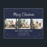 Blauw 3 Foto Collage Sneeuw Minimalist Feestdagenkaart<br><div class="desc">Modern blauw fotovakantie briefkaart met een fotocollage en vallende sneeuwval aan de voorkant en een waterverf winterscène aan de achterkant. Personaliseer dit vakantie-briefkaart eenvoudig met uw foto's en tekst. De achtergrond kan worden gewijzigd in elke kleur.</div>