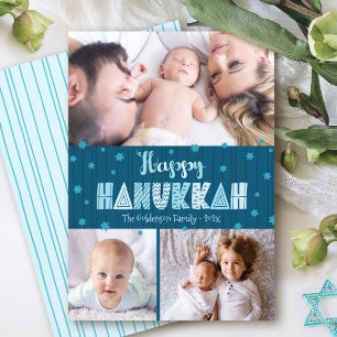 Blauw 3 Foto Gelukkig Hanukkah Modern Plezierige T Feestdagenkaart