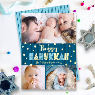 Blauw 3 Foto Gelukkig Hanukkah Pret Type Echt Goud Folie Feestdagenkaart