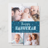 Blauw 3 Foto Happy Hanukkah Moderne Leuke Typograf Feestdagenkaart (Voorkant)