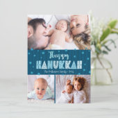 Blauw 3 Foto Happy Hanukkah Moderne Leuke Typograf Feestdagenkaart (Staand voorkant)
