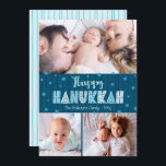 Blauw 3 Foto Happy Hanukkah Moderne Leuke Typograf Feestdagenkaart<br><div class="desc">"Happy Hanukkah." Fun, speels, knappe, handgemaakte typografie samen met een willekeurige ster van David-patroon in dusty blauw die alle nachtelijke blauw marinesleutels bedekt op een donker blauwgroen blauwe achtergrond, samen met 3 foto's van uw keuze, helpen u in het Hanukkah te werken. De hand getrokken turquoise lijnen bedekken een lichte...</div>