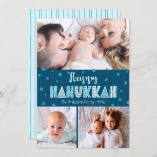 Blauw 3 Foto Happy Hanukkah Moderne Leuke Typograf Feestdagenkaart