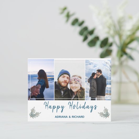 Blauw 3 foto Kerstvakantie Briefkaart (Staand voorkant)