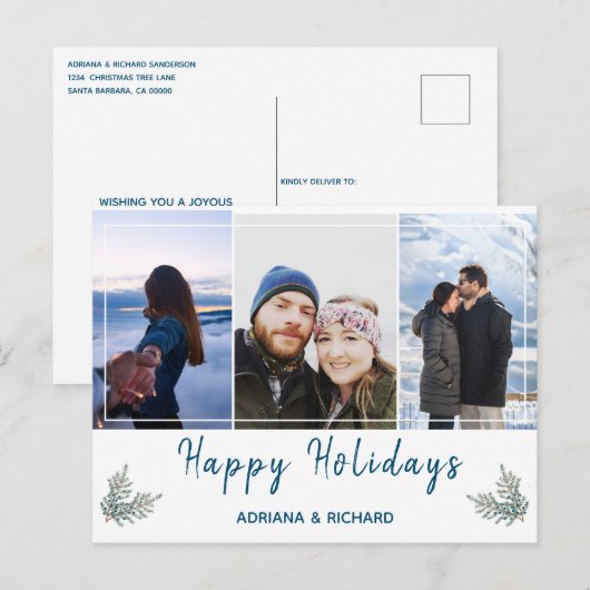 Blauw 3 foto Kerstvakantie Briefkaart (Voorkant / Achterkant)