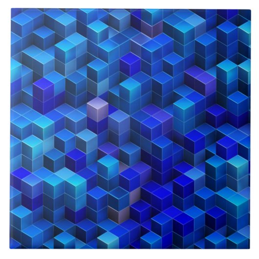 Blauw 3D-blokjes abstract geometrisch patroon Tegeltje (Voorkant)