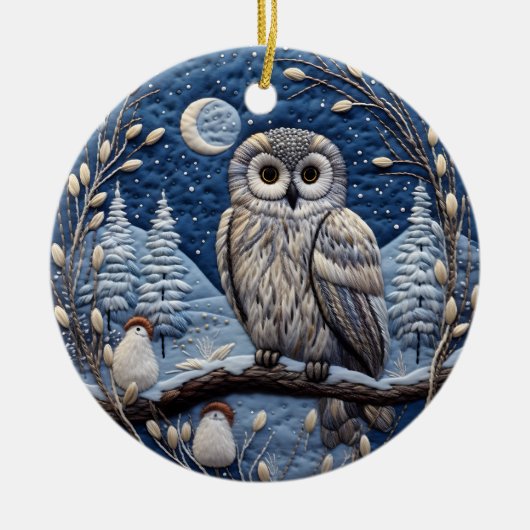 Blauw 3D Kerst Schattige Uil Dier Keramisch Ornament (Voorkant)