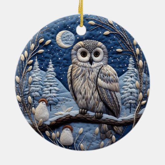 Blauw 3D Kerst Schattige Uil Dier Keramisch Ornament (Achterkant)