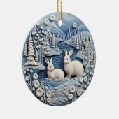 Blauw 3D Schattige Wit Konijnen Dier Kerstmis Keramisch Ornament (Rechts)