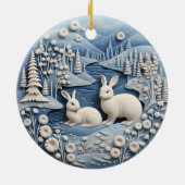 Blauw 3D Schattige Wit Konijnen Dier Kerstmis Keramisch Ornament (Achterkant)