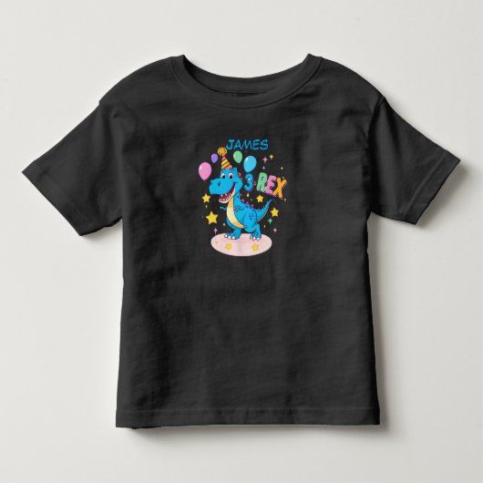 Blauw 3e verjaardag dinosaurus feest T-shirt (Voorkant)