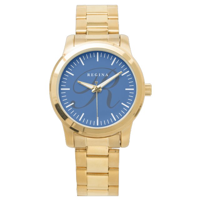 Blauw 40 mm wijzerplaat aangepaste monogram gouden horloge (Voorkant)