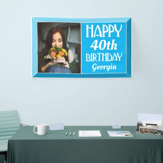 Blauw 40e Art Deco Beveled Foto Birthday Spandoek (Beurs)