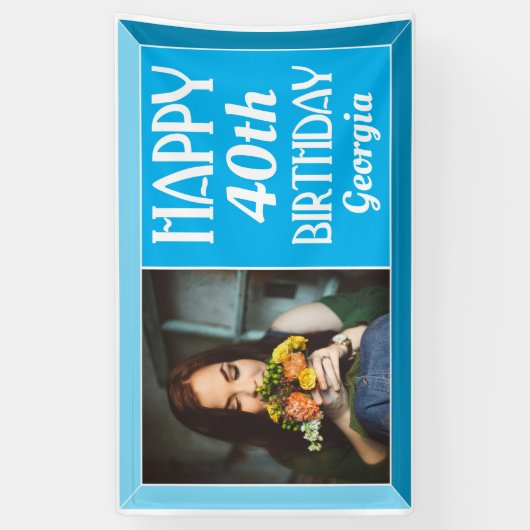 Blauw 40e Art Deco Beveled Foto Birthday Spandoek (Verticaal)