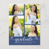 Blauw 4 Foto Afstuderen Modern Girly Script Hearts Uitnodiging Briefkaart (Voorkant)